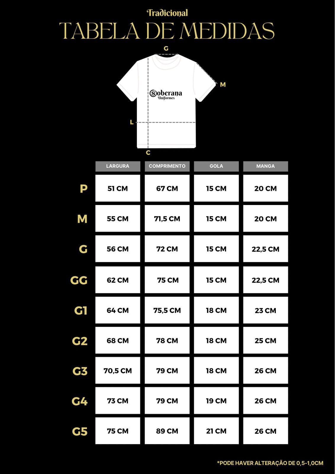 Tabela de medidas das camisetas